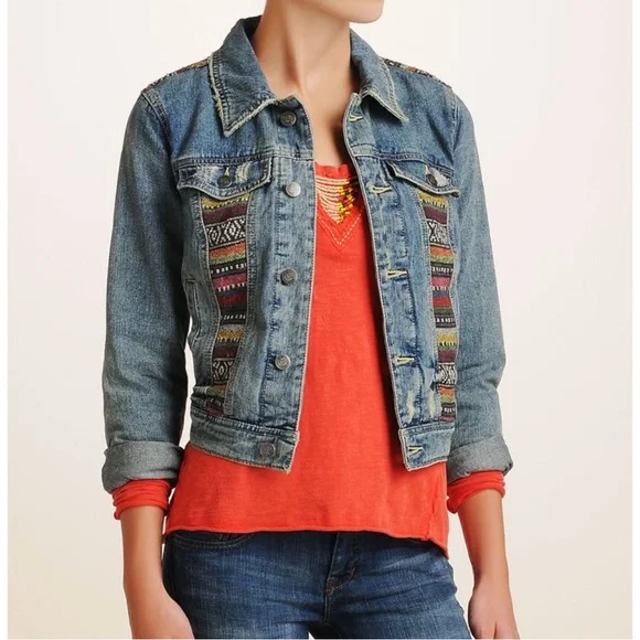 FREE PEOPLE Women’s Baja Distressed Embroidered Denim Jean Jacket Size 2 - Picture 3 of 9
